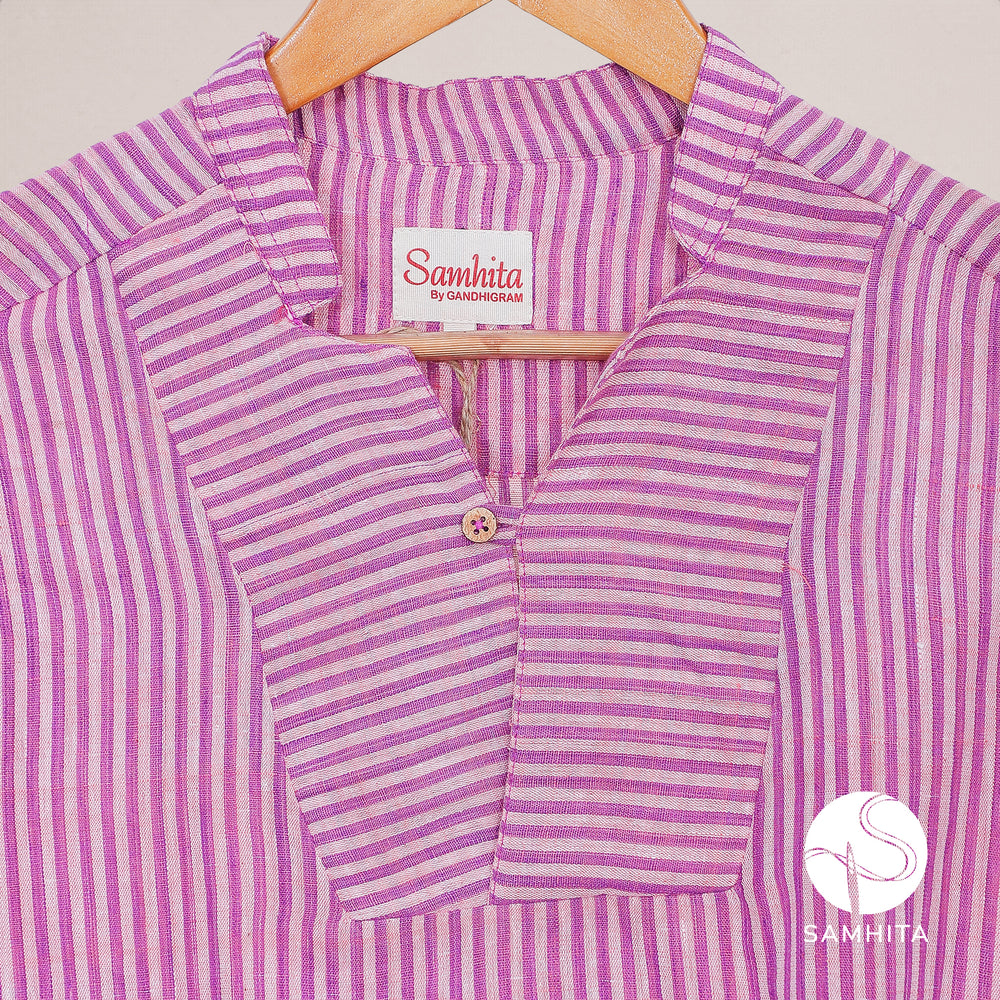 Men's Purple Stripe Khadi Cotton Full Sleeve Shirt with Yoke Detail and Wooden Button( MK 102 A)