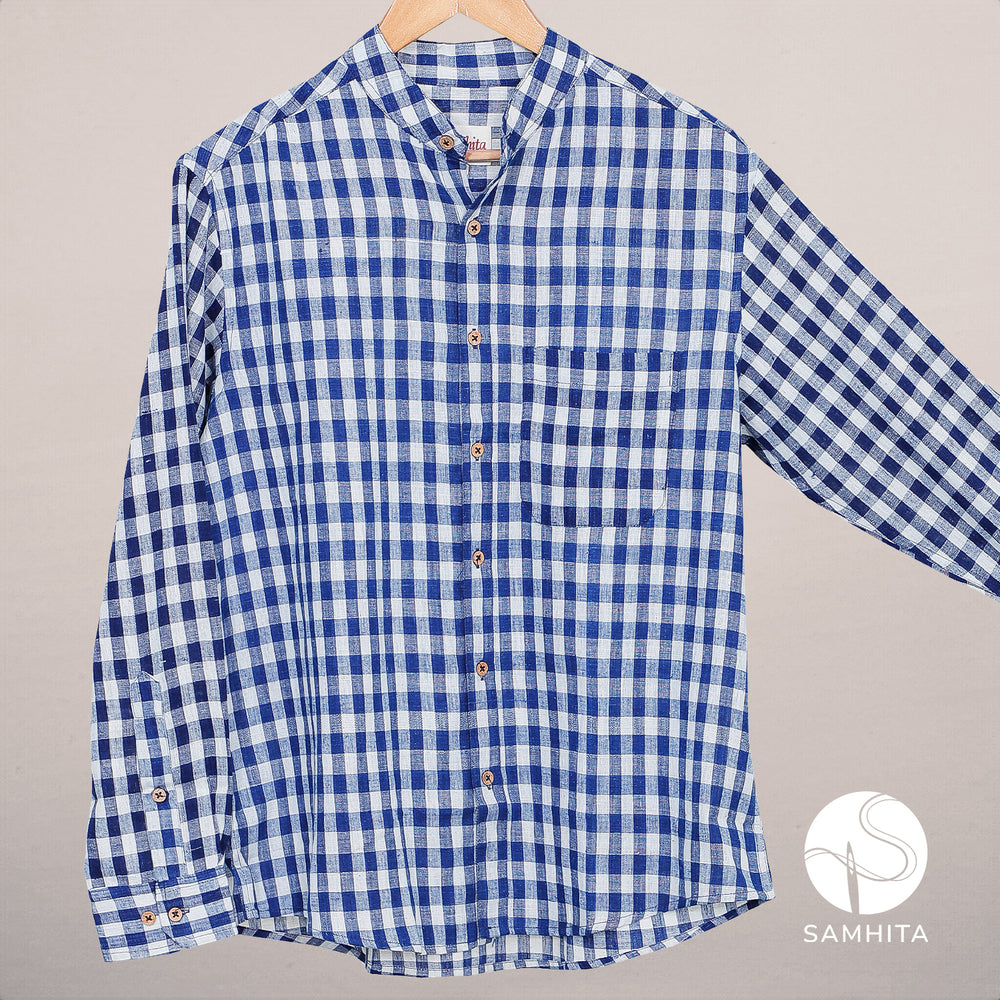 
                  
                    Men's Indigo and Off-White Check Khadi Cotton Roll-Up Full Sleeve Shirt (MK 103 A)
                  
                