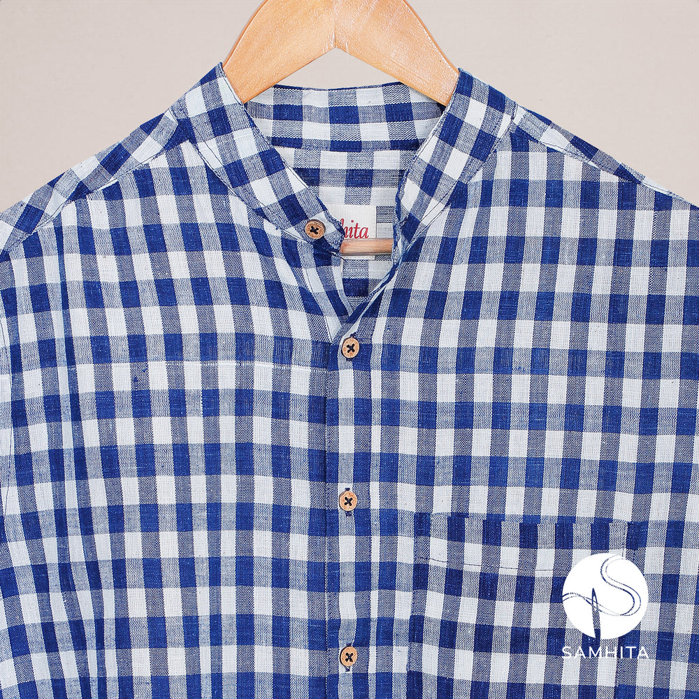 
                  
                    Men's Indigo and Off-White Check Khadi Cotton Roll-Up Full Sleeve Shirt (MK 103 A)
                  
                