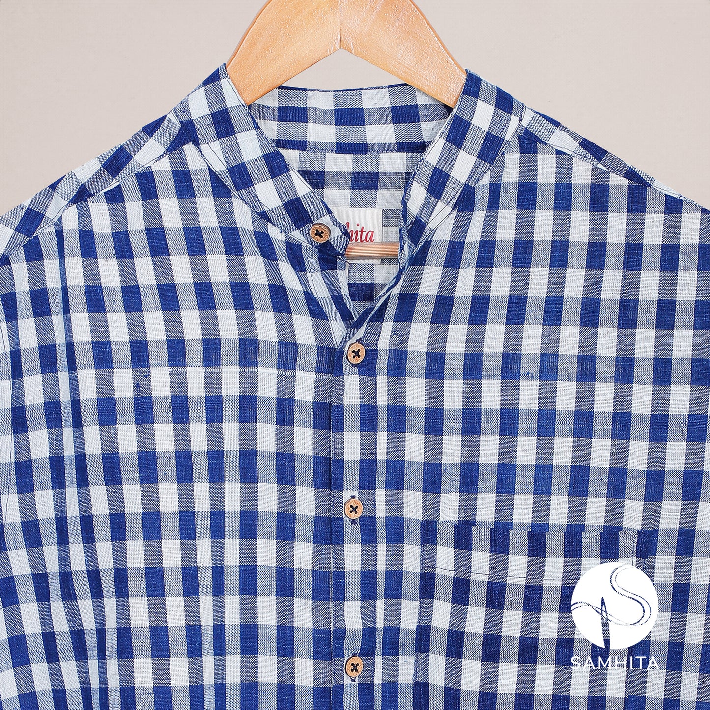 
                  
                    Men's Indigo and Off-White Check Khadi Cotton Roll-Up Full Sleeve Shirt (MK 103 A)
                  
                