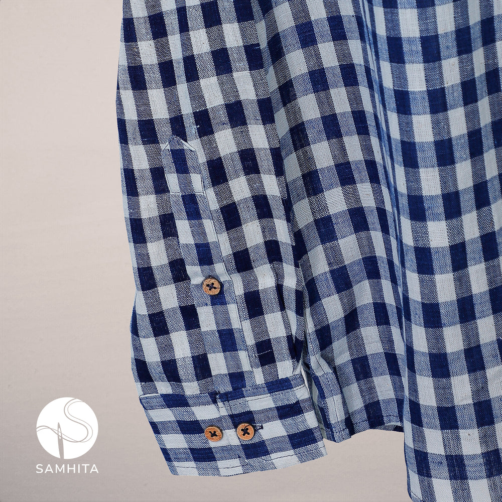 
                  
                    Men's Indigo and Off-White Check Khadi Cotton Roll-Up Full Sleeve Shirt (MK 103 A)
                  
                