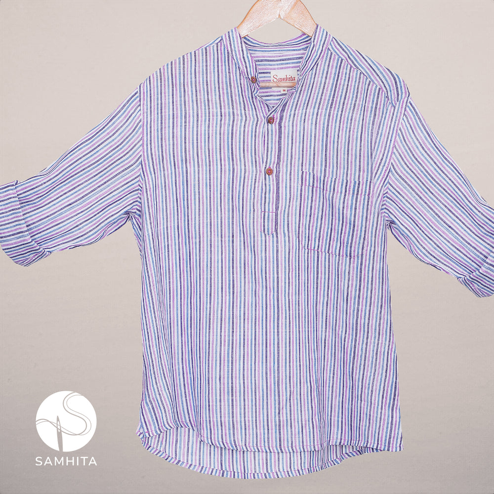 
                  
                    Men's White with Violet stripe Khadi Cotton Short Kurta (MK 104 C)
                  
                