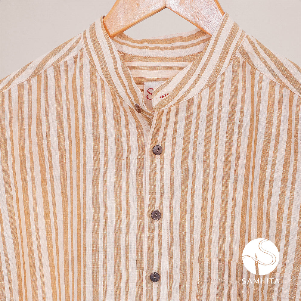 Men's Beige Striped Khadi Cotton Short Kurta (MK 104 D)