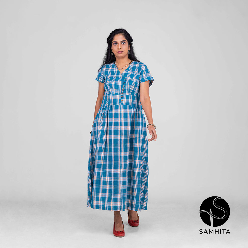 Blue Checkered Dress - hand-spun, handwoven cotton khadi (WD302C)