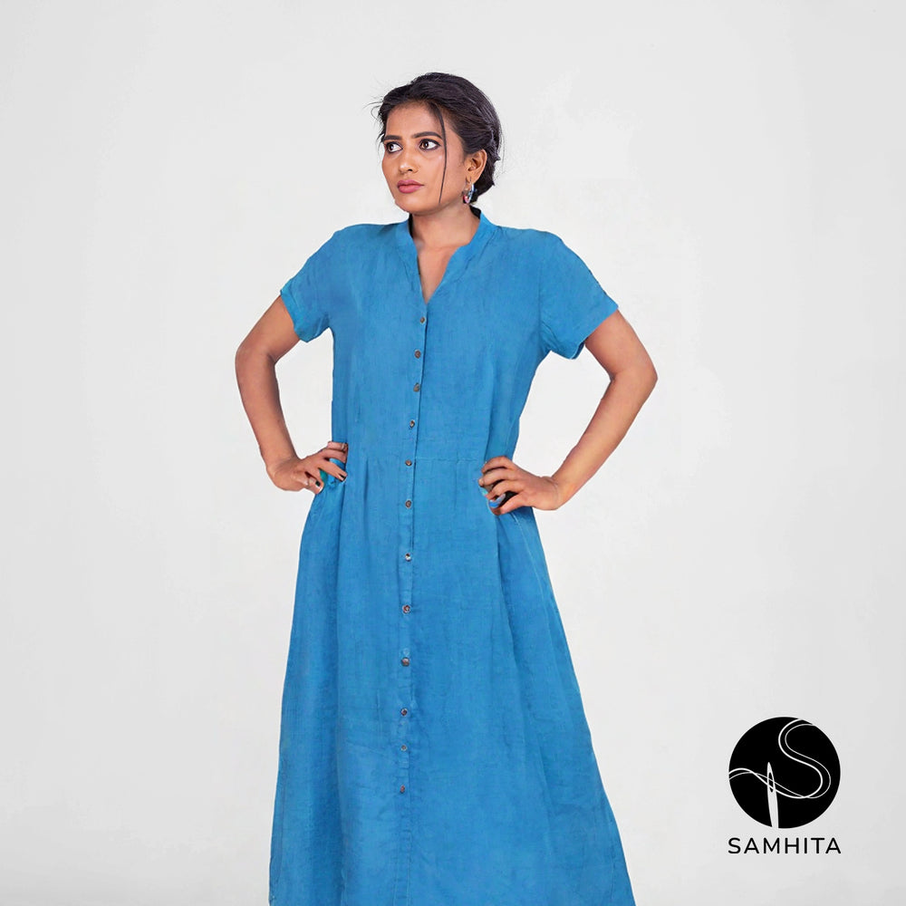 Front button-down Mandarin collar Blue dress (WK101B)