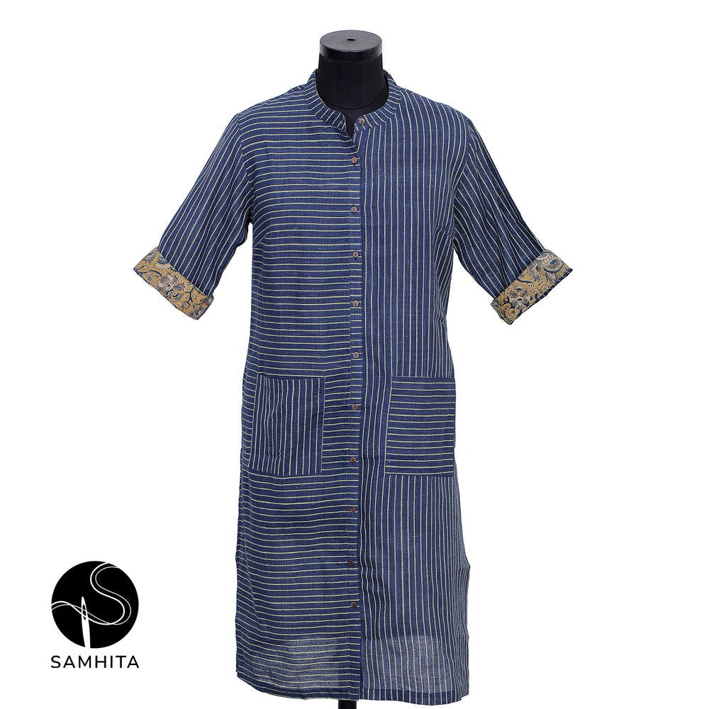 Blue Stropped Dress with Kalamkari contrast (WK102A)
