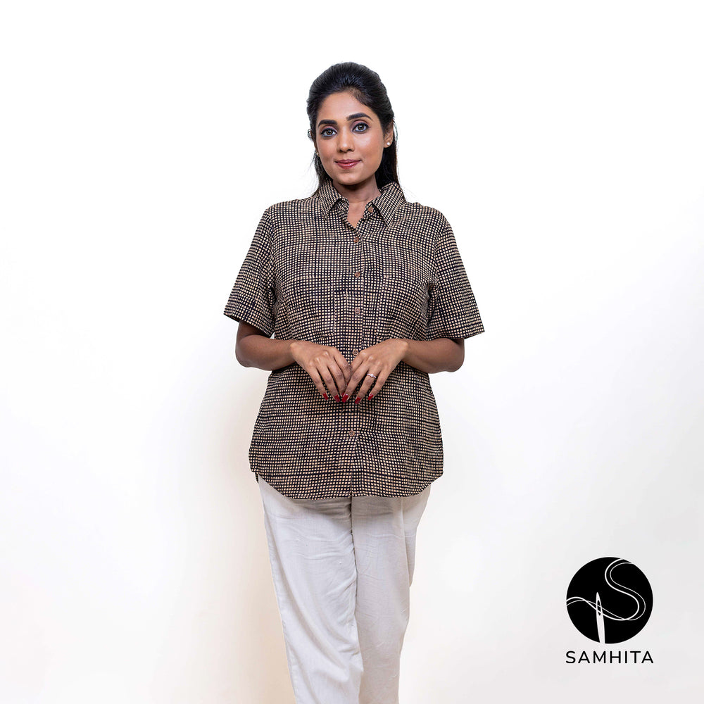 Block-printed black checkered pattern, half-sleeve collared shirt (WT204A)