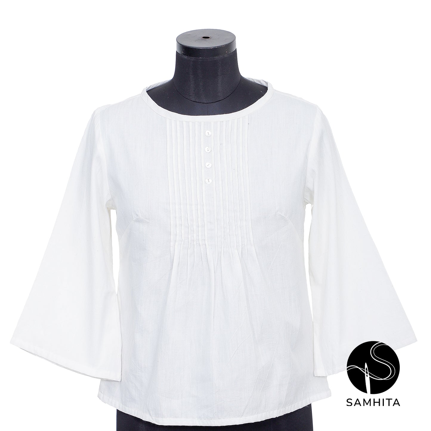 
                  
                    White round neck with delicate pin-tuck details (WT206A)
                  
                