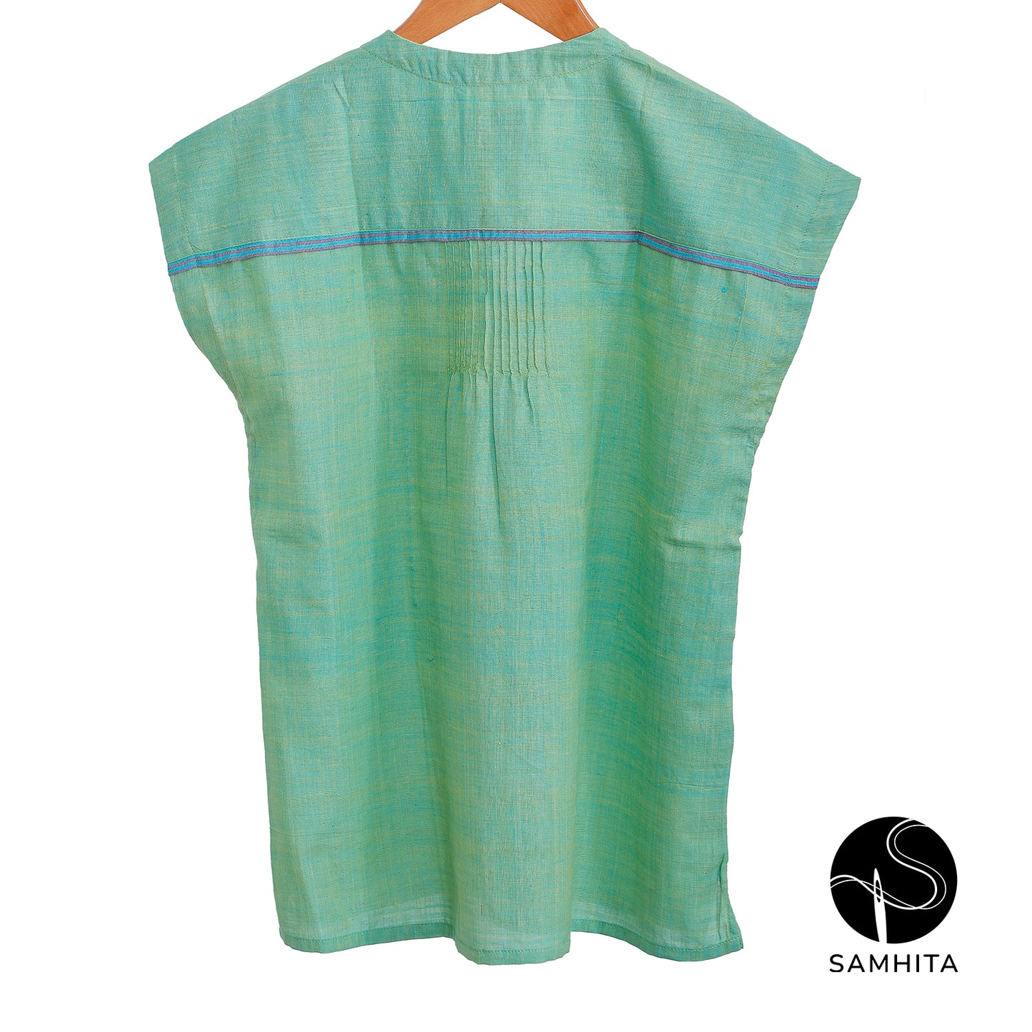 
                  
                    Blue-green pastel  top with cap sleeves and contrast detail in the center (WT208D)
                  
                