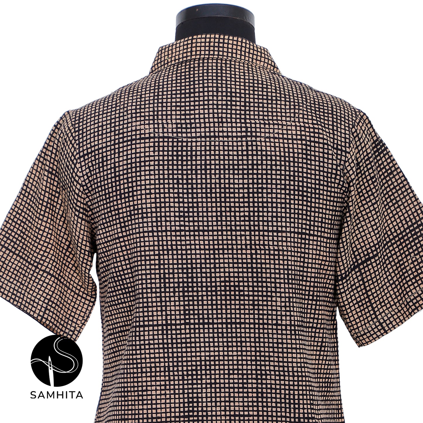 
                  
                    Block-printed black checkered pattern, half-sleeve collared shirt (WT204A)
                  
                